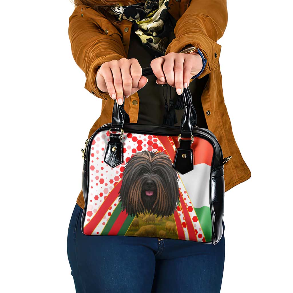 Hungary Shoulder Handbag with Puli Dog Illustration Design and Red Green Hexagon TS04