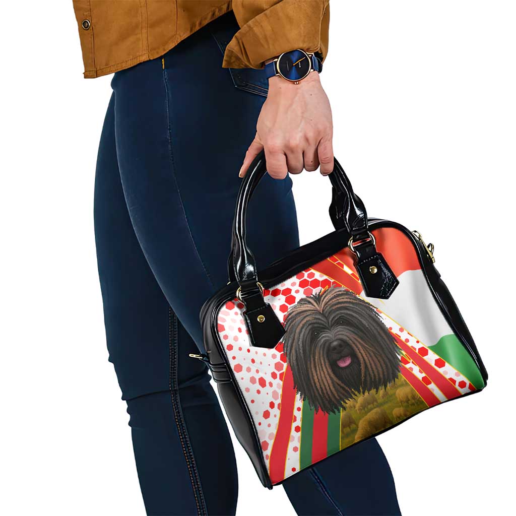 Hungary Shoulder Handbag with Puli Dog Illustration Design and Red Green Hexagon TS04