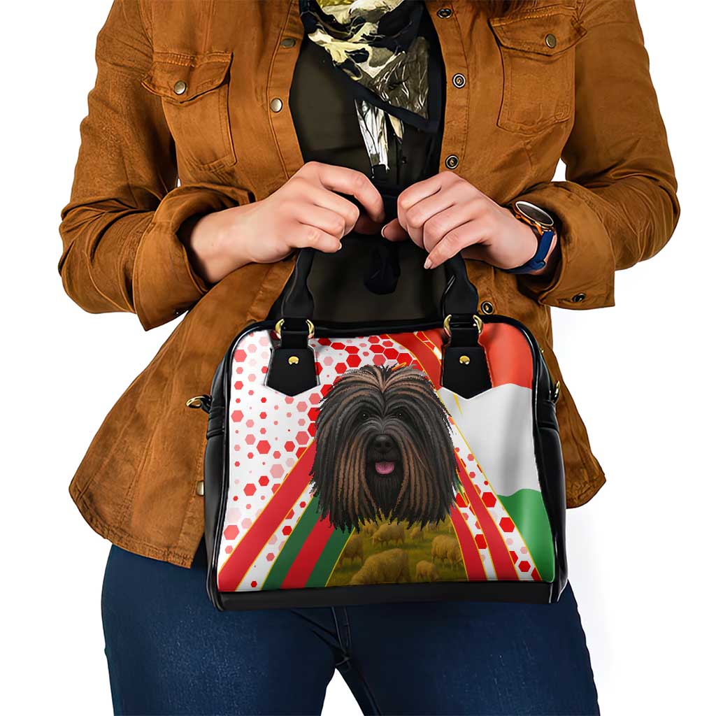 Hungary Shoulder Handbag with Puli Dog Illustration Design and Red Green Hexagon TS04