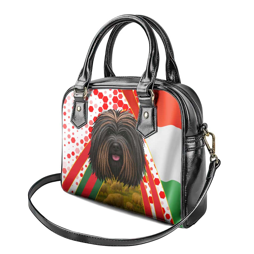 Hungary Shoulder Handbag with Puli Dog Illustration Design and Red Green Hexagon TS04