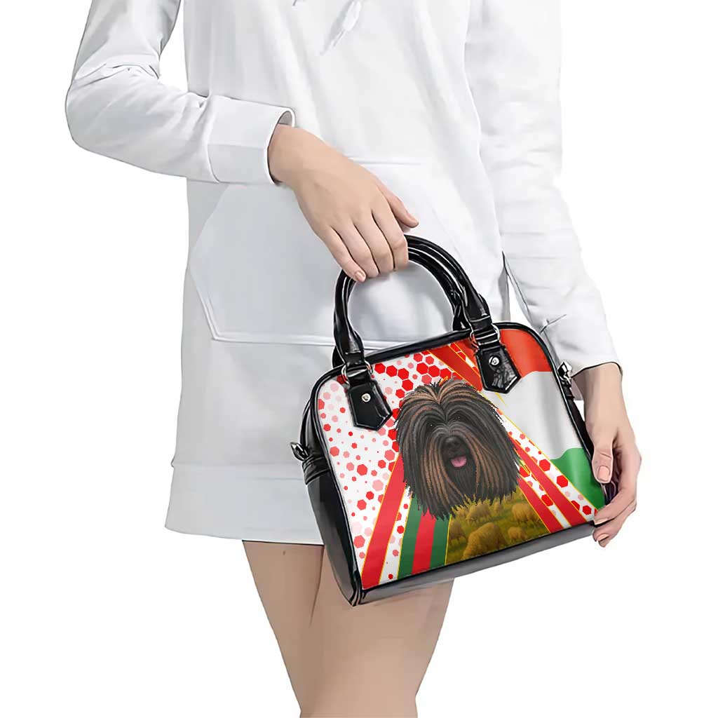 Hungary Shoulder Handbag with Puli Dog Illustration Design and Red Green Hexagon TS04