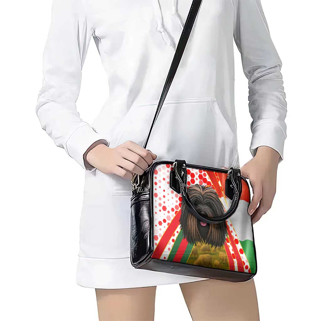 Hungary Shoulder Handbag with Puli Dog Illustration Design and Red Green Hexagon TS04
