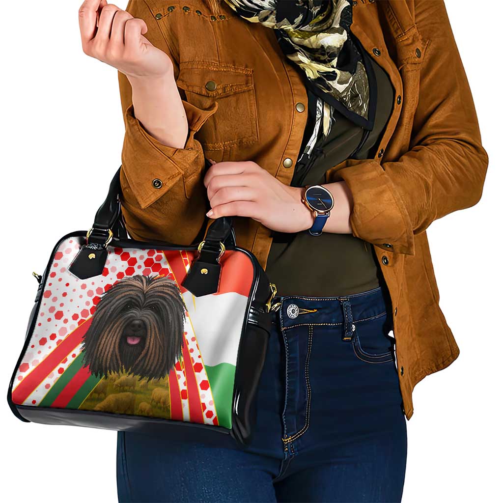 Hungary Shoulder Handbag with Puli Dog Illustration Design and Red Green Hexagon TS04