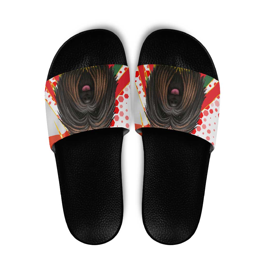 Hungary Slide Sandals with Puli Dog Illustration Design and Red Green Hexagon TS04