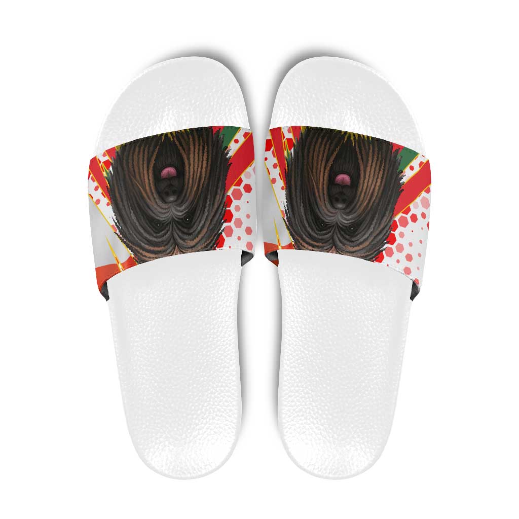Hungary Slide Sandals with Puli Dog Illustration Design and Red Green Hexagon TS04