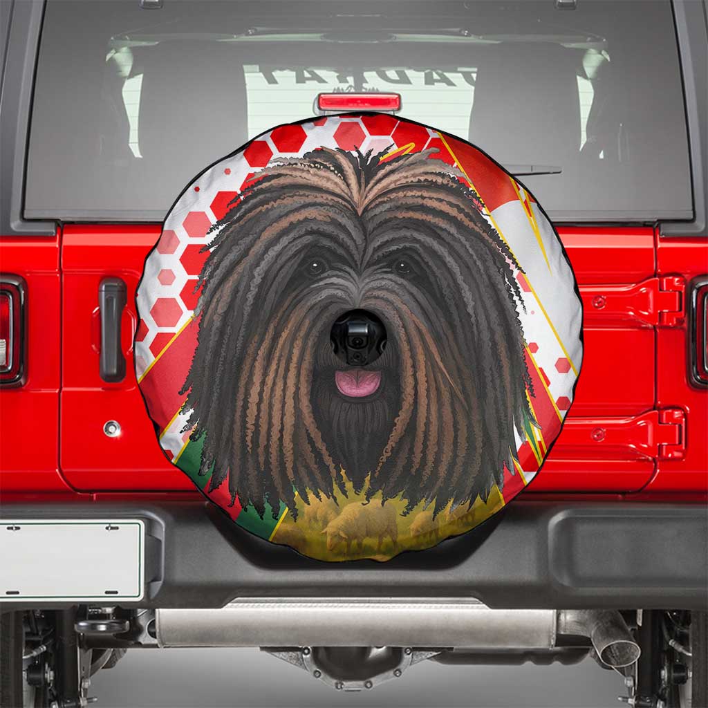 Hungary Spare Tire Cover with Puli Dog Illustration Design and Red Green Hexagon TS04