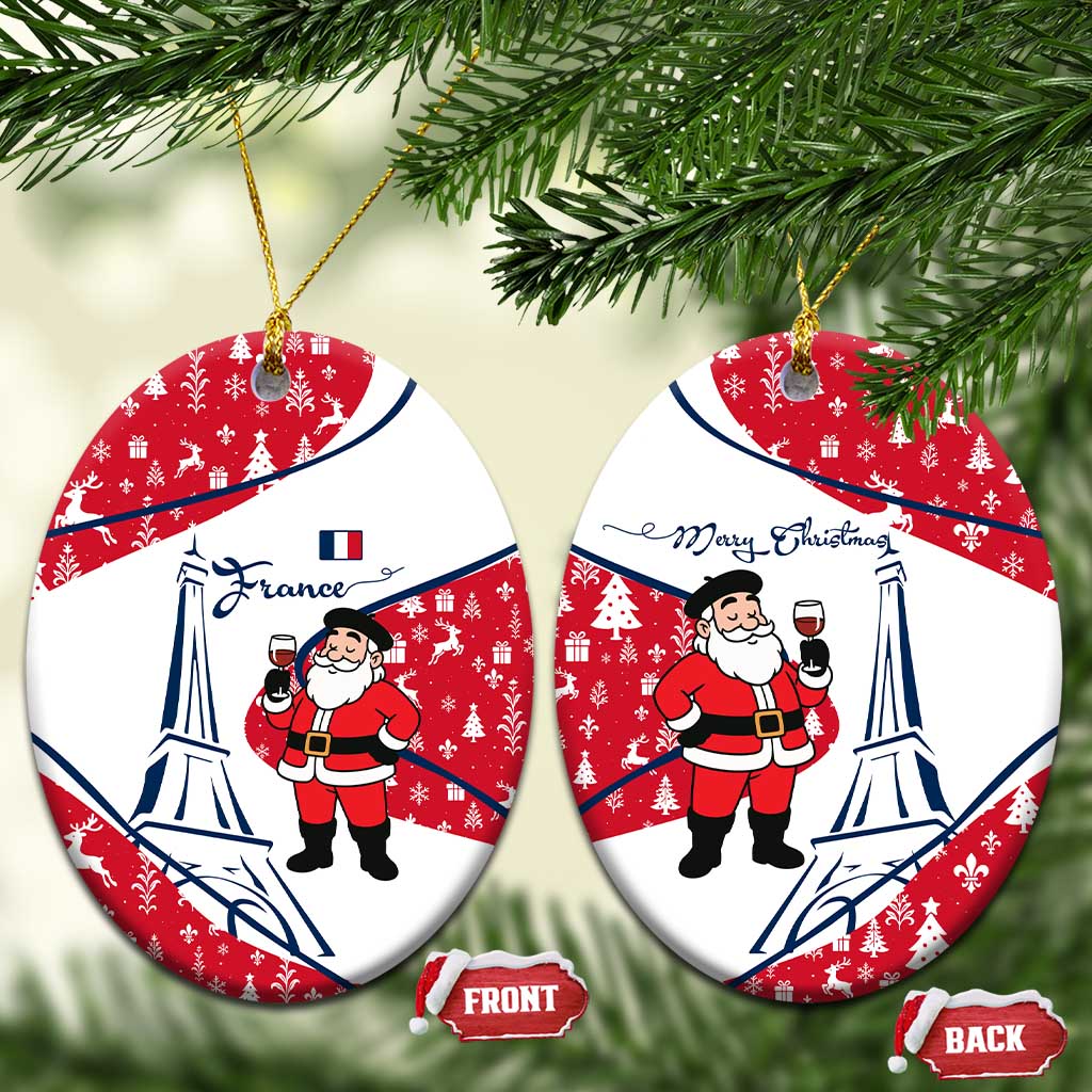 France Christmas Ceramic Ornament with Santa Wine Glass Eiffel Tower and Holiday Icons Design TS04
