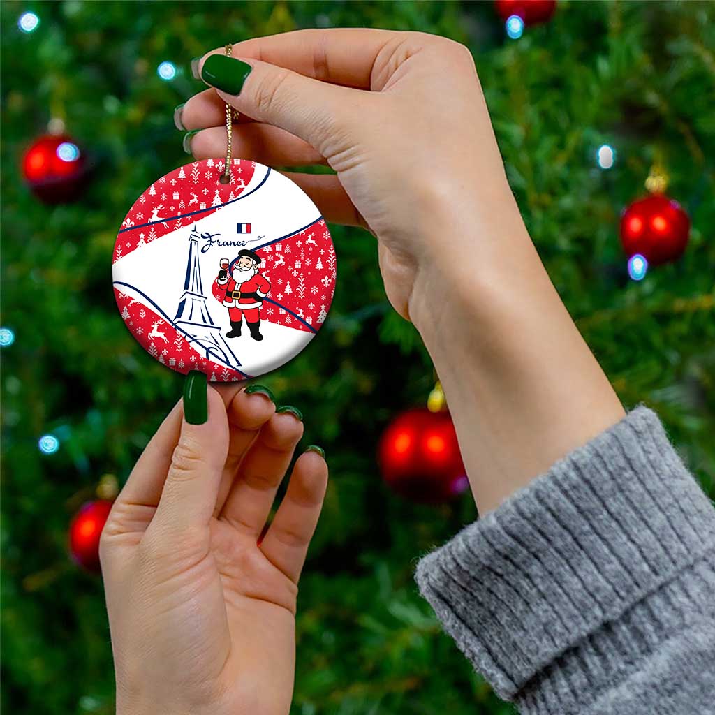 France Christmas Ceramic Ornament with Santa Wine Glass Eiffel Tower and Holiday Icons Design TS04