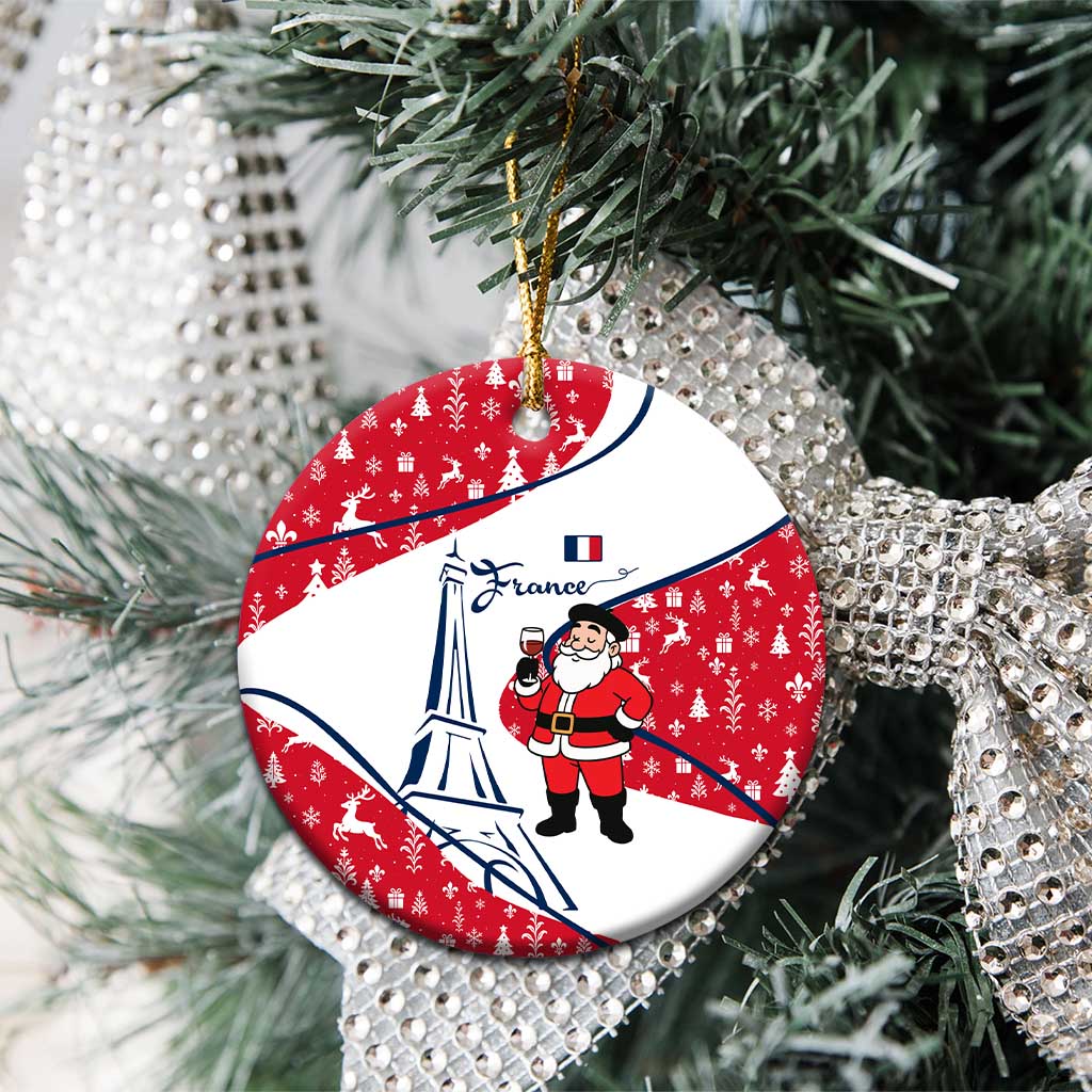 France Christmas Ceramic Ornament with Santa Wine Glass Eiffel Tower and Holiday Icons Design TS04
