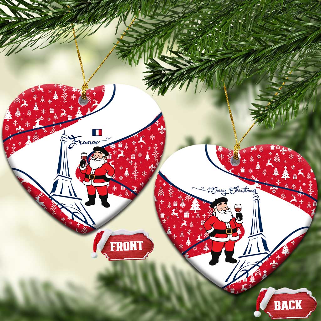 France Christmas Ceramic Ornament with Santa Wine Glass Eiffel Tower and Holiday Icons Design TS04