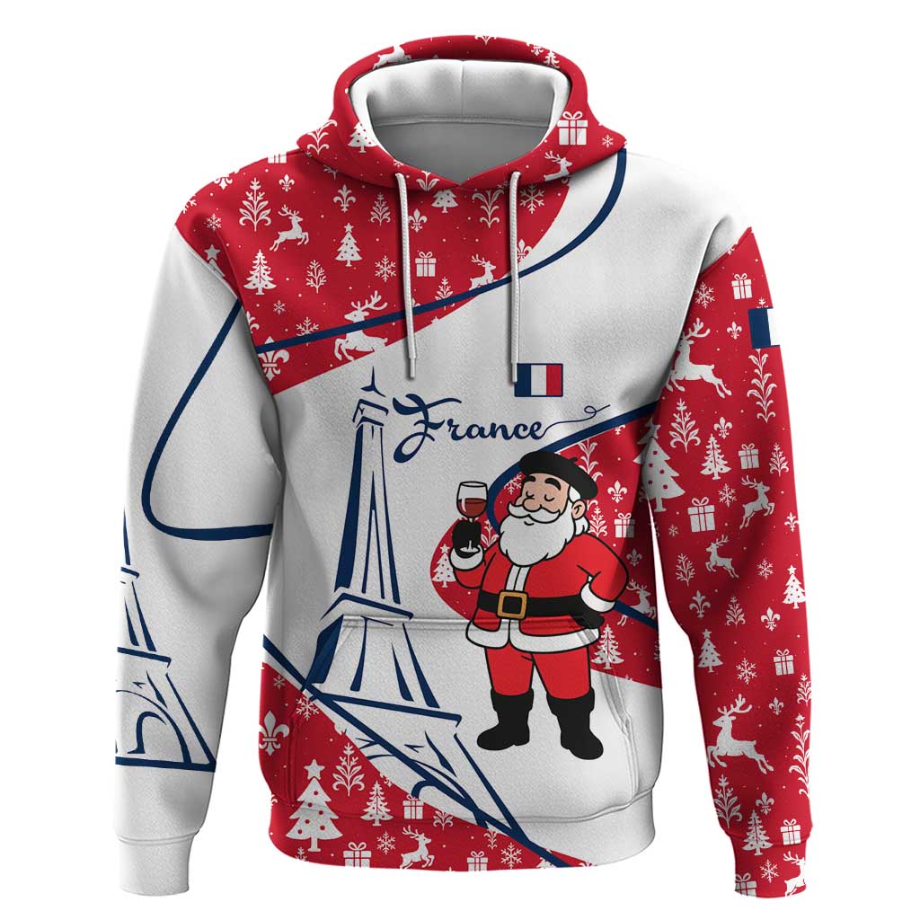 France Christmas Hoodie with Santa Wine Glass Eiffel Tower and Holiday Icons Design TS04