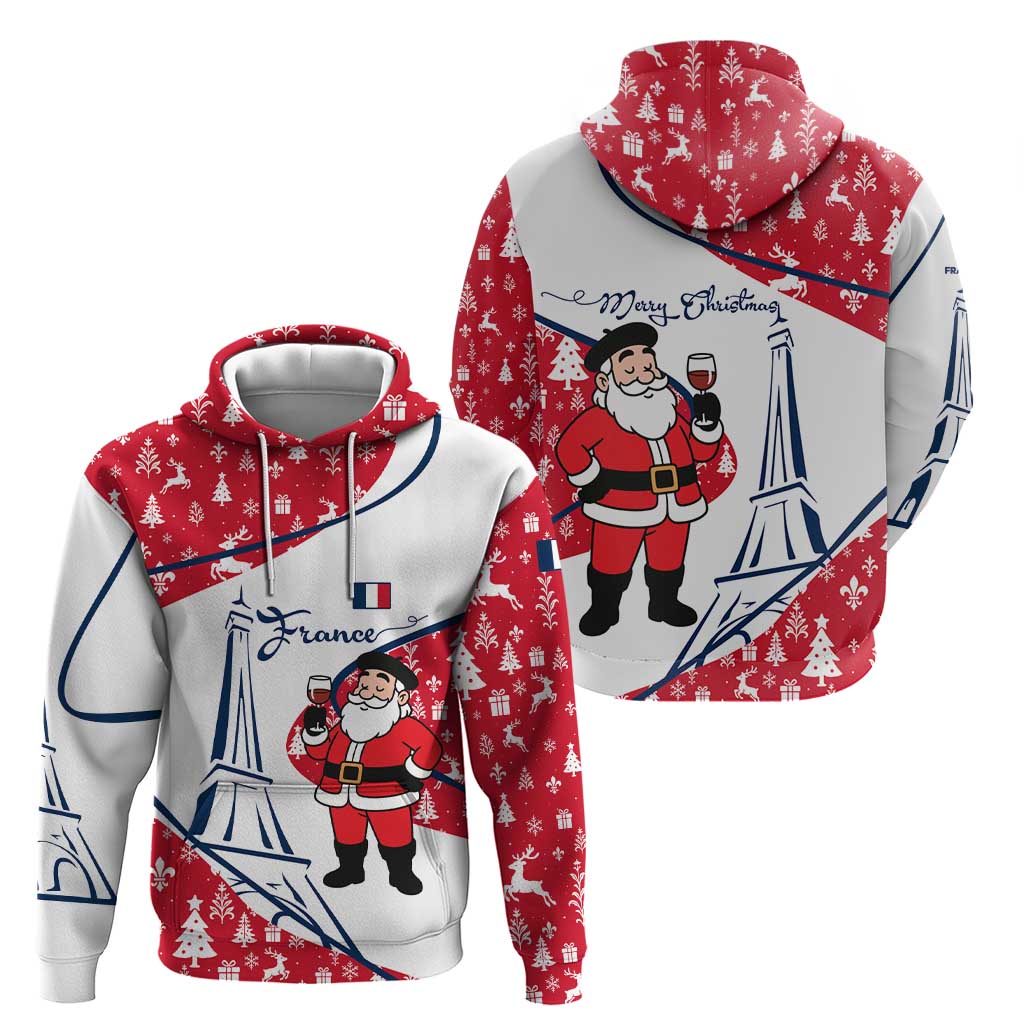France Christmas Hoodie with Santa Wine Glass Eiffel Tower and Holiday Icons Design TS04