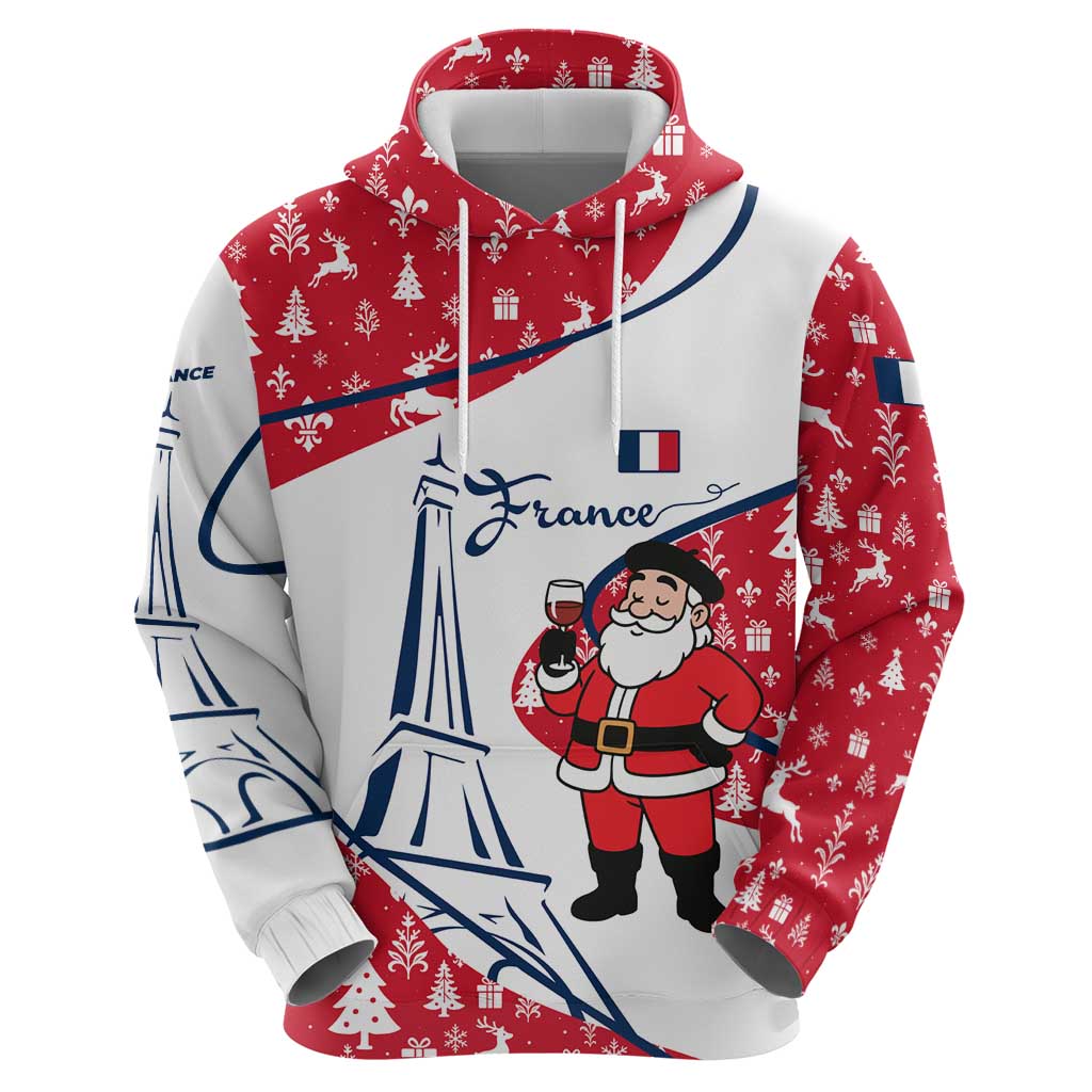 France Christmas Hoodie with Santa Wine Glass Eiffel Tower and Holiday Icons Design TS04