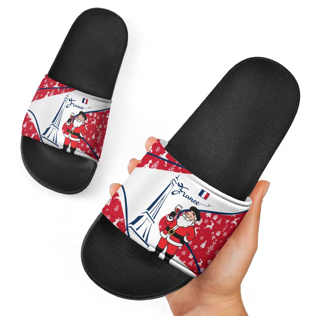 France Christmas Slide Sandals with Santa Wine Glass Eiffel Tower and Holiday Icons Design TS04