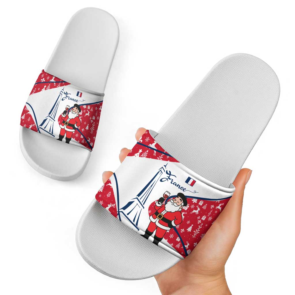 France Christmas Slide Sandals with Santa Wine Glass Eiffel Tower and Holiday Icons Design TS04