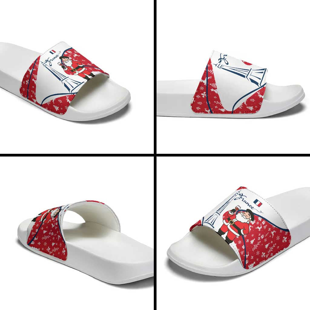 France Christmas Slide Sandals with Santa Wine Glass Eiffel Tower and Holiday Icons Design TS04