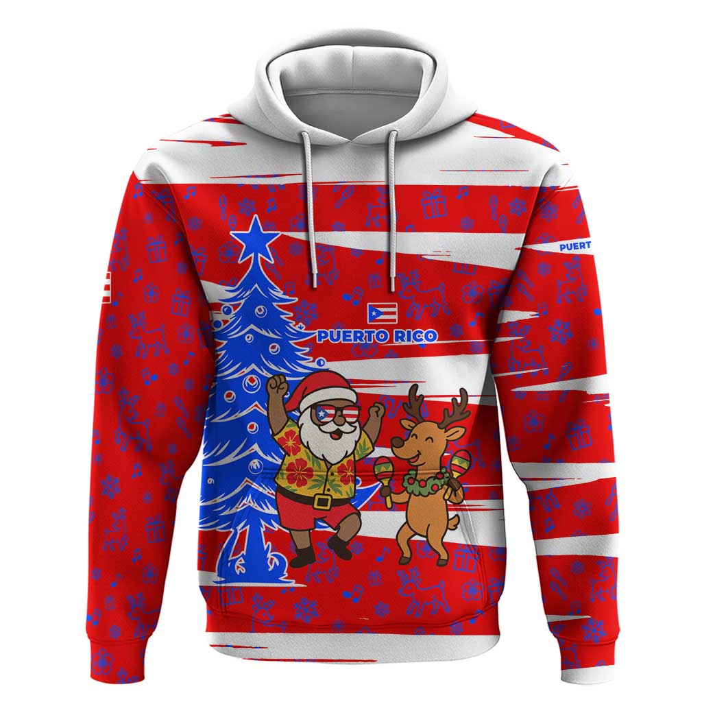 Puerto Rico Christmas Hoodie with Dancing Santa Reindeer Blue Tree and Festive Flag Design TS04
