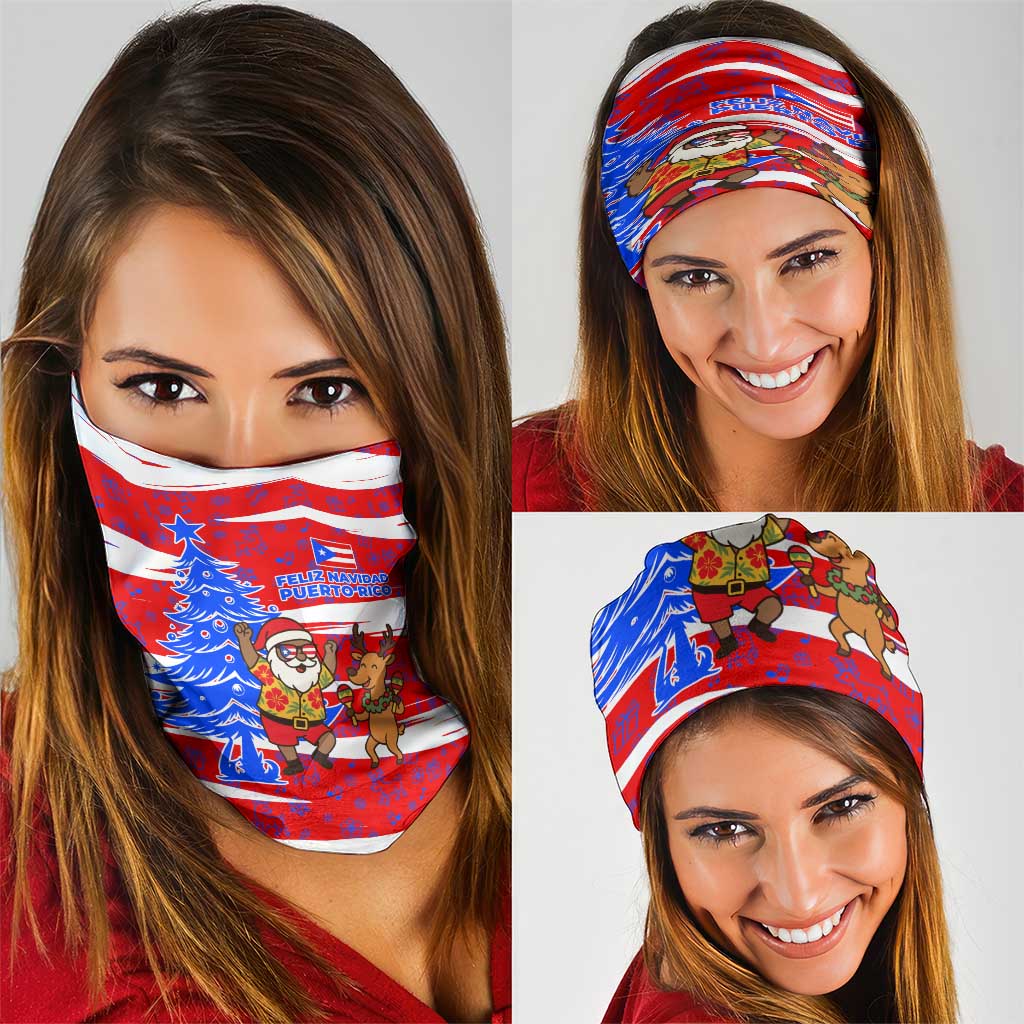 Puerto Rico Christmas Neck Gaiter with Dancing Santa Reindeer Blue Tree and Festive Flag Design TS04