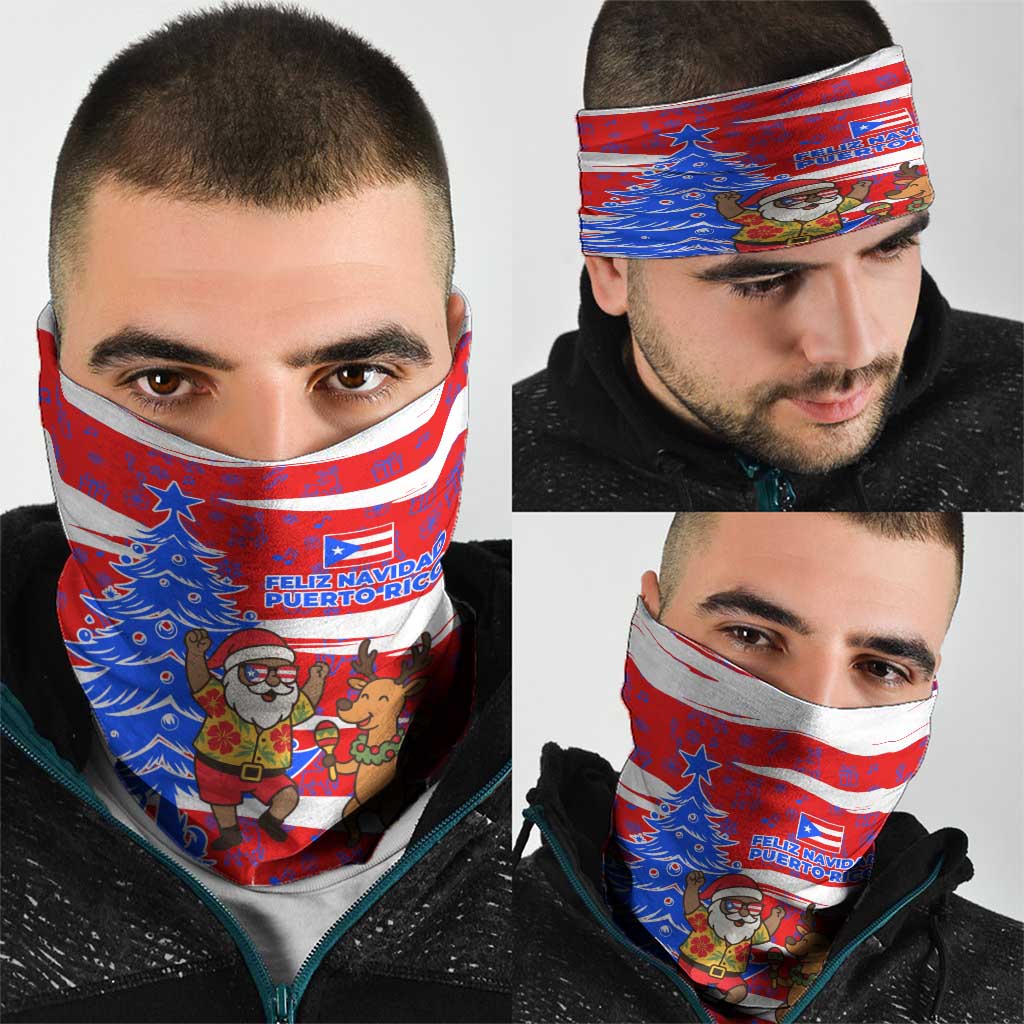 Puerto Rico Christmas Neck Gaiter with Dancing Santa Reindeer Blue Tree and Festive Flag Design TS04