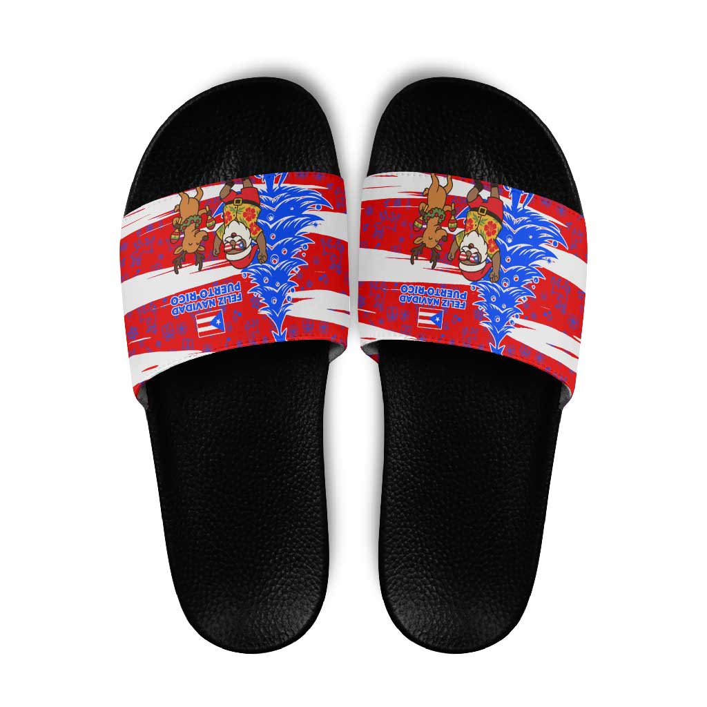 Puerto Rico Christmas Slide Sandals with Dancing Santa Reindeer Blue Tree and Festive Flag Design TS04