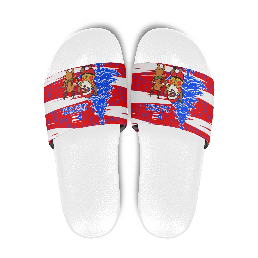 Puerto Rico Christmas Slide Sandals with Dancing Santa Reindeer Blue Tree and Festive Flag Design TS04