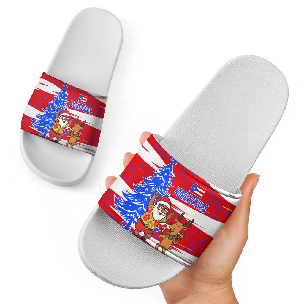 Puerto Rico Christmas Slide Sandals with Dancing Santa Reindeer Blue Tree and Festive Flag Design TS04