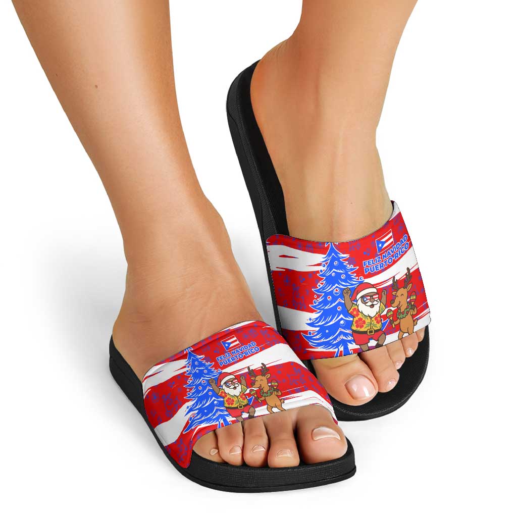 Puerto Rico Christmas Slide Sandals with Dancing Santa Reindeer Blue Tree and Festive Flag Design TS04
