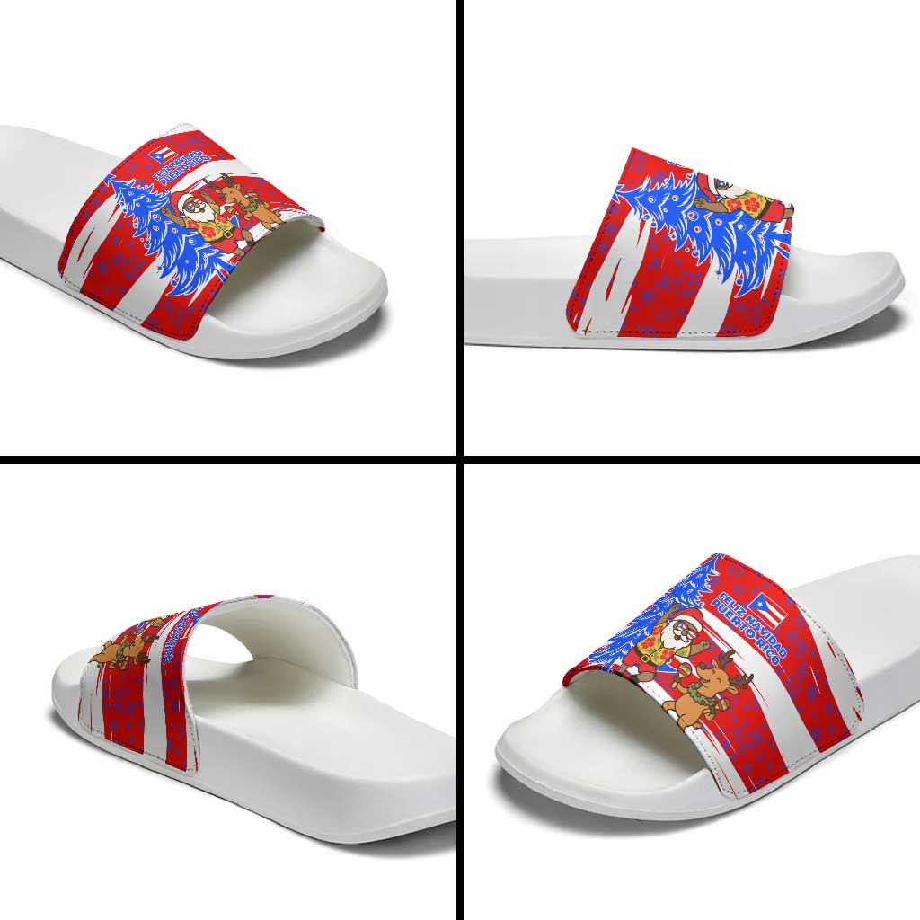 Puerto Rico Christmas Slide Sandals with Dancing Santa Reindeer Blue Tree and Festive Flag Design TS04