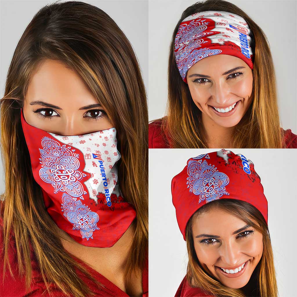 Puerto Rico Christmas Neck Gaiter with Taino Symbols Palm Tree Bongos and Holiday Pattern Design TS04