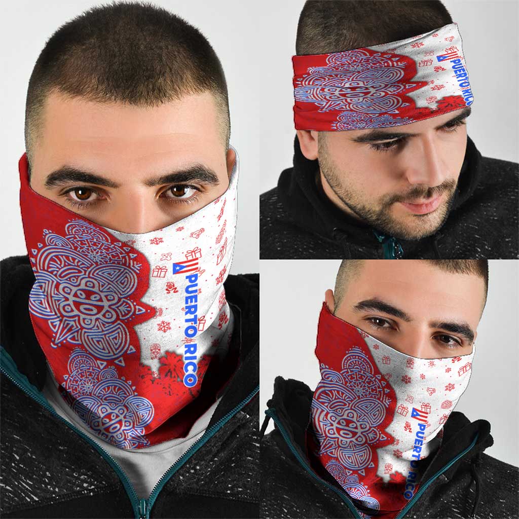 Puerto Rico Christmas Neck Gaiter with Taino Symbols Palm Tree Bongos and Holiday Pattern Design TS04