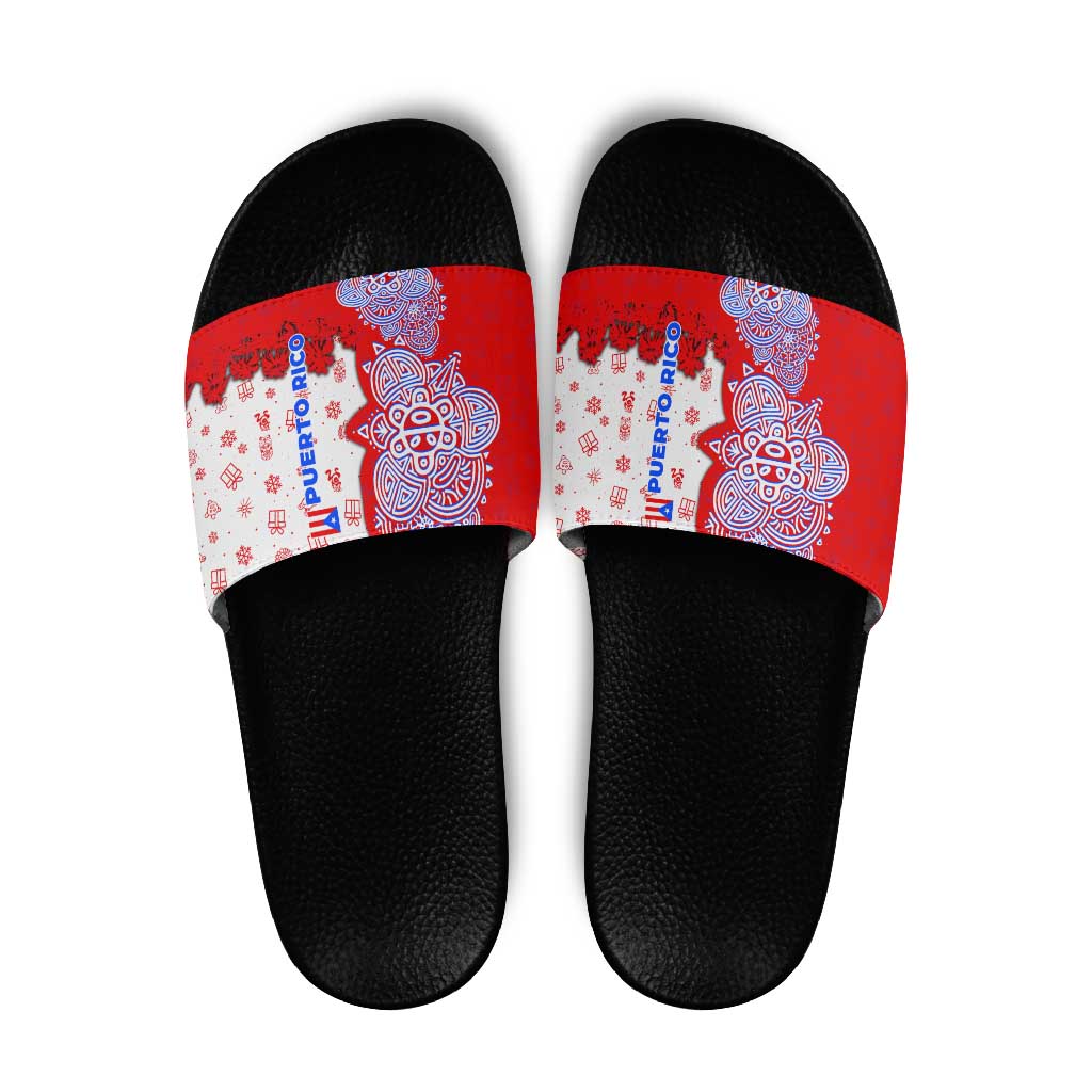 Puerto Rico Christmas Slide Sandals with Taino Symbols Palm Tree Bongos and Holiday Pattern Design TS04