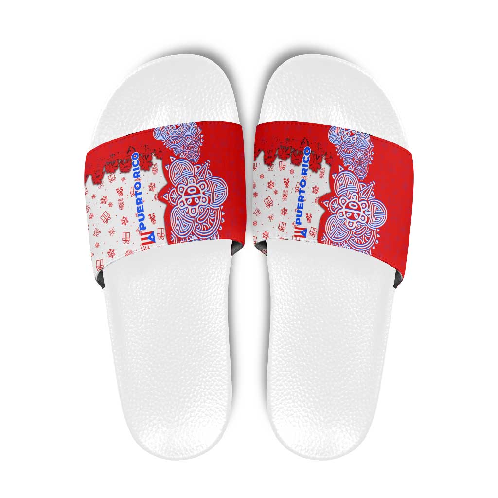 Puerto Rico Christmas Slide Sandals with Taino Symbols Palm Tree Bongos and Holiday Pattern Design TS04