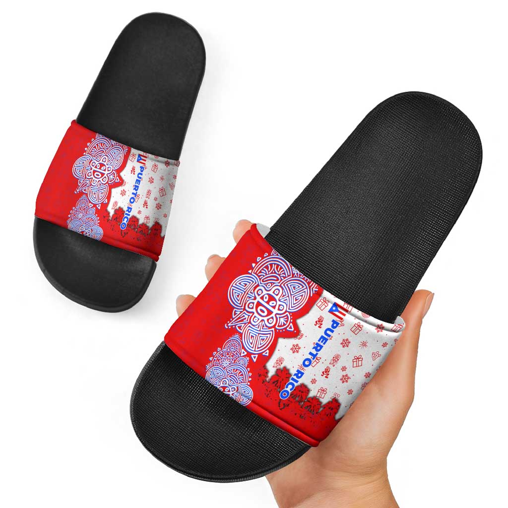 Puerto Rico Christmas Slide Sandals with Taino Symbols Palm Tree Bongos and Holiday Pattern Design TS04