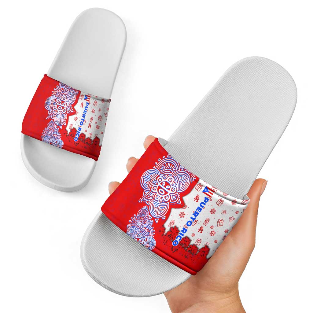 Puerto Rico Christmas Slide Sandals with Taino Symbols Palm Tree Bongos and Holiday Pattern Design TS04