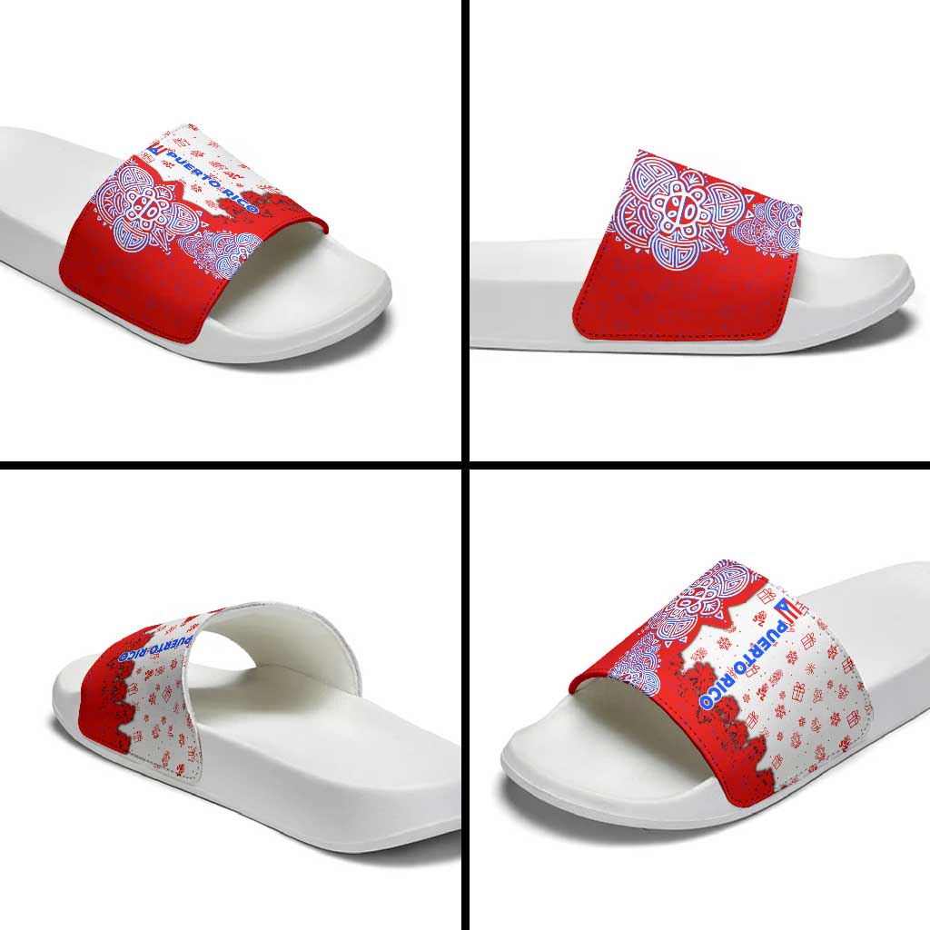 Puerto Rico Christmas Slide Sandals with Taino Symbols Palm Tree Bongos and Holiday Pattern Design TS04