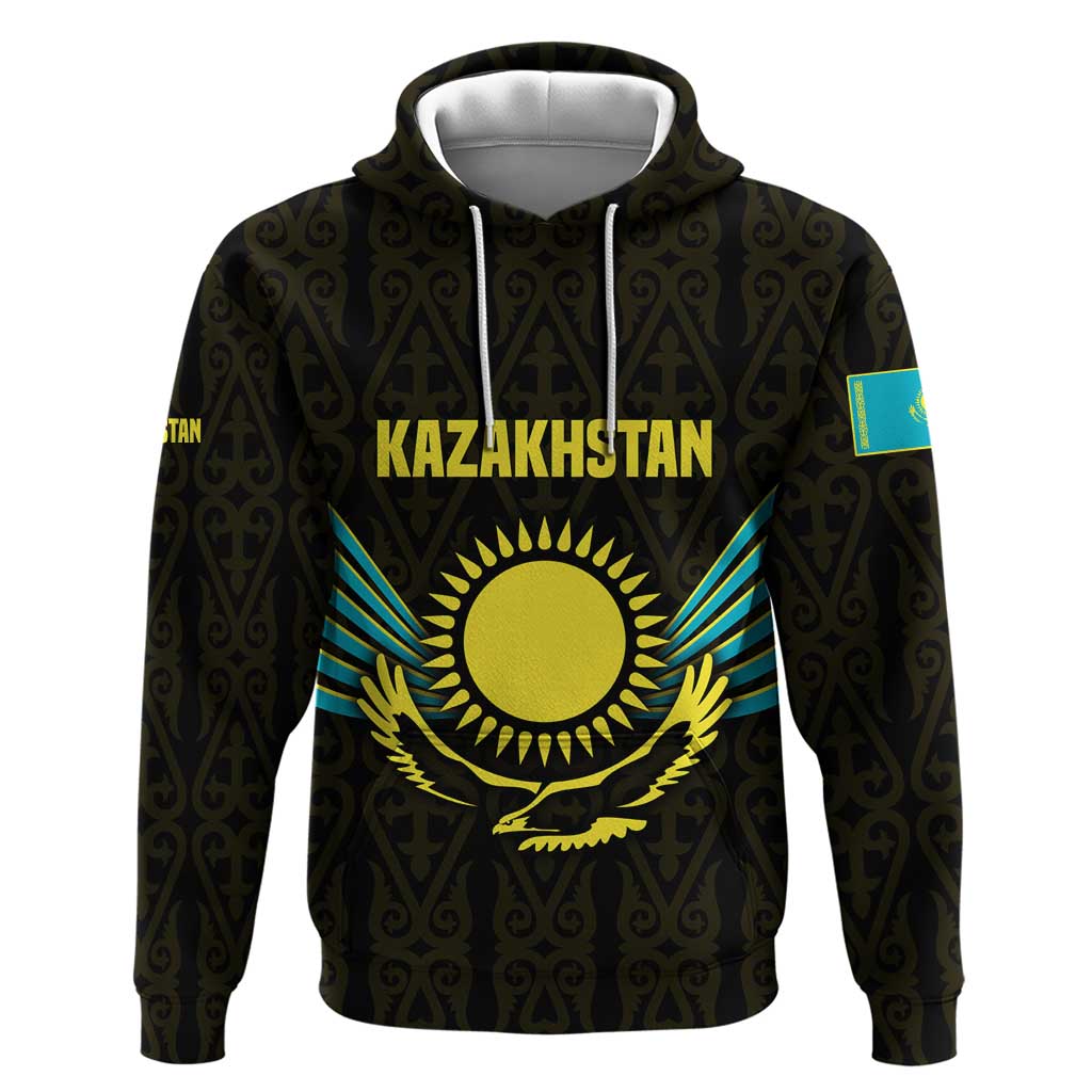Kazakhstan National Emblem Hoodie with Black Tribal Pattern and Sun Eagle Motif TS04