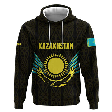 Kazakhstan National Emblem Hoodie with Black Tribal Pattern and Sun Eagle Motif TS04