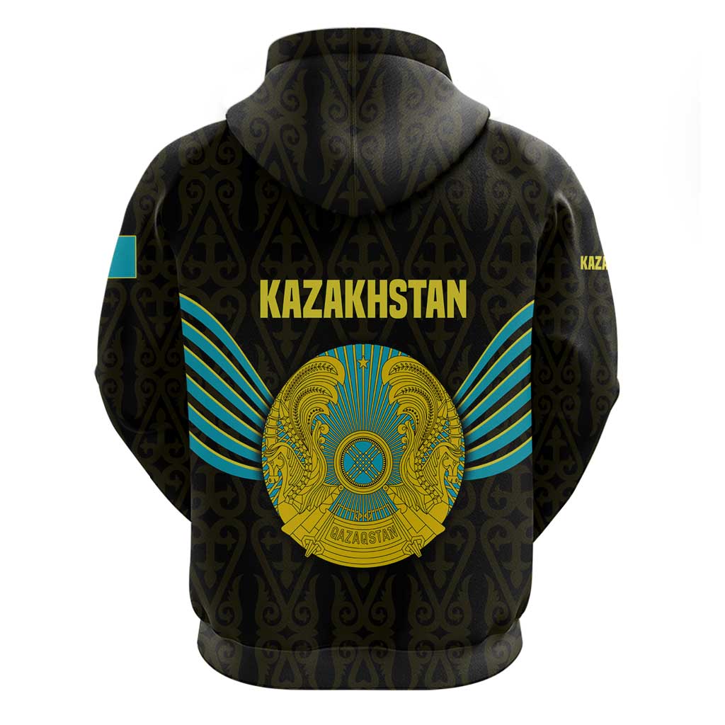 Kazakhstan National Emblem Hoodie with Black Tribal Pattern and Sun Eagle Motif TS04