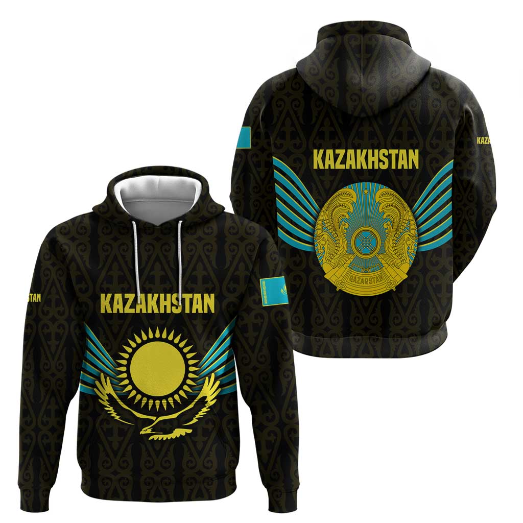 Kazakhstan National Emblem Hoodie with Black Tribal Pattern and Sun Eagle Motif TS04