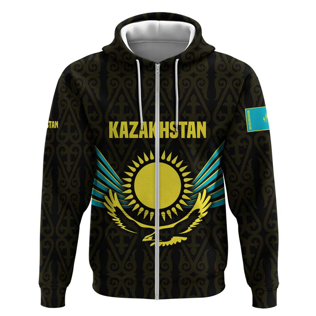 Kazakhstan National Emblem Hoodie with Black Tribal Pattern and Sun Eagle Motif TS04