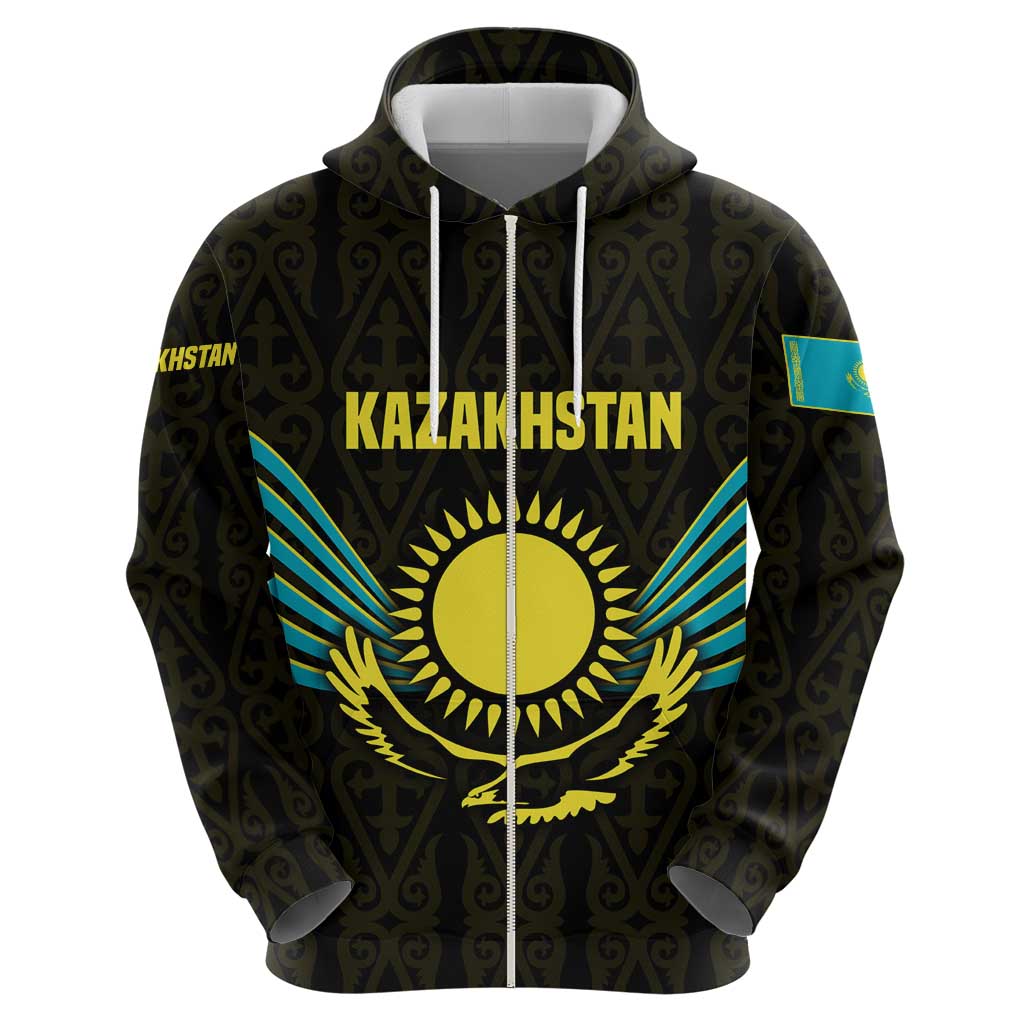 Kazakhstan National Emblem Hoodie with Black Tribal Pattern and Sun Eagle Motif TS04