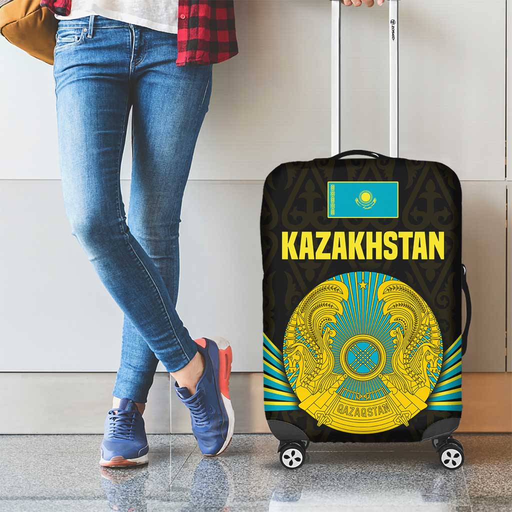 Kazakhstan National Emblem Luggage Cover with Black Tribal Pattern and Sun Eagle Motif TS04