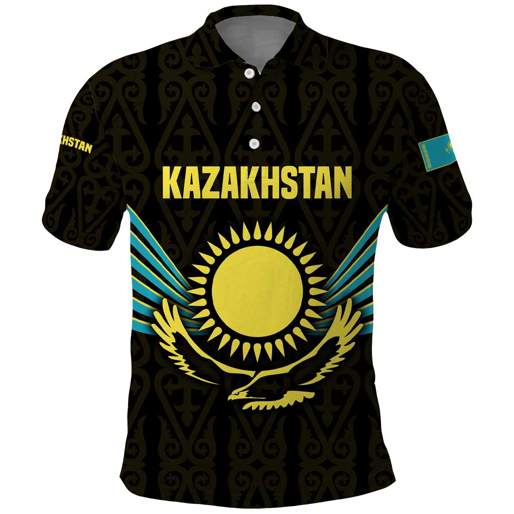 Kazakhstan National Emblem Polo Shirt with Black Tribal Pattern and Sun Eagle Motif TS04