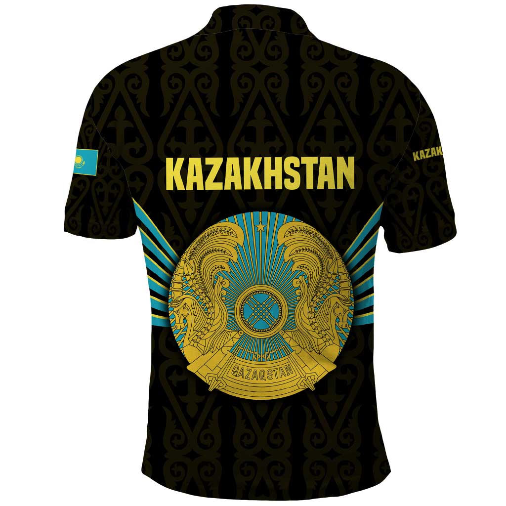 Kazakhstan National Emblem Polo Shirt with Black Tribal Pattern and Sun Eagle Motif TS04