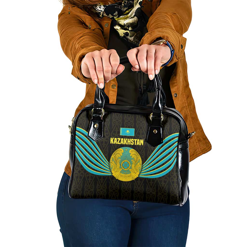 Kazakhstan National Emblem Shoulder Handbag with Black Tribal Pattern and Sun Eagle Motif TS04