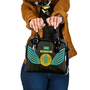 Kazakhstan National Emblem Shoulder Handbag with Black Tribal Pattern and Sun Eagle Motif TS04