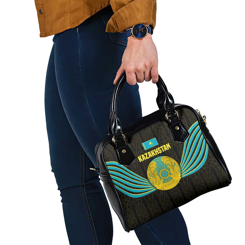Kazakhstan National Emblem Shoulder Handbag with Black Tribal Pattern and Sun Eagle Motif TS04