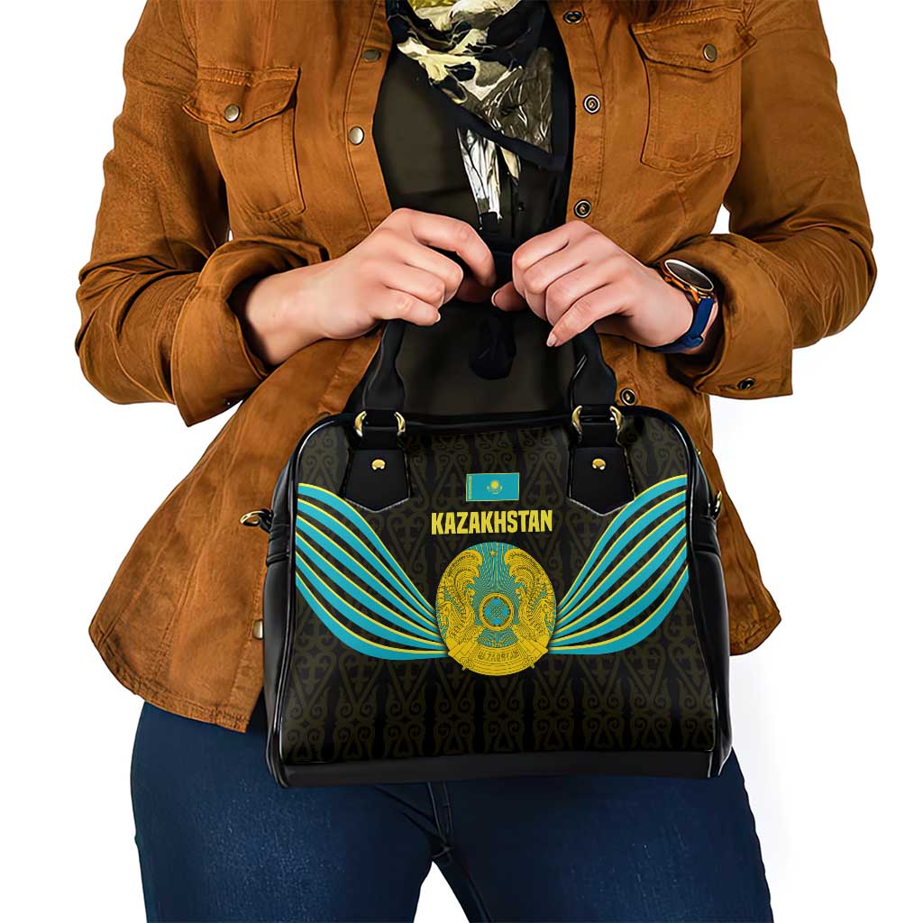 Kazakhstan National Emblem Shoulder Handbag with Black Tribal Pattern and Sun Eagle Motif TS04