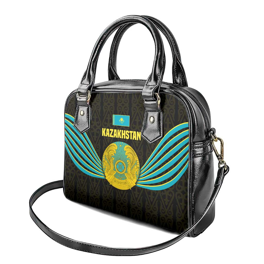 Kazakhstan National Emblem Shoulder Handbag with Black Tribal Pattern and Sun Eagle Motif TS04