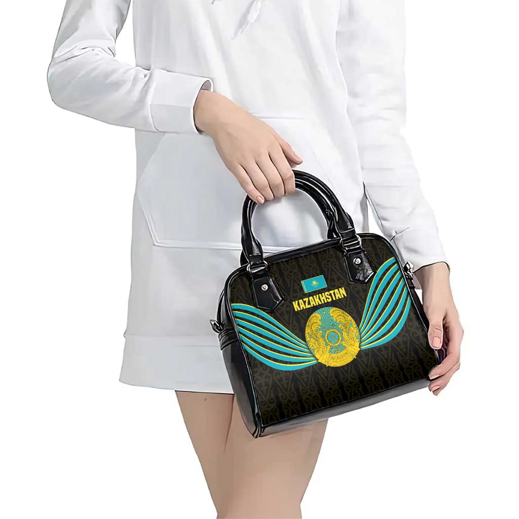Kazakhstan National Emblem Shoulder Handbag with Black Tribal Pattern and Sun Eagle Motif TS04